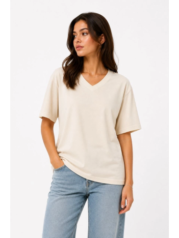 Kadın V Yaka Basic Tişört Kısa Kol Yazlık Regular Fit T-shirt - Bej