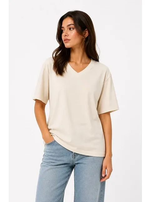 Kadın V Yaka Basic Tişört Kısa Kol Yazlık Regular Fit T-shirt - Bej