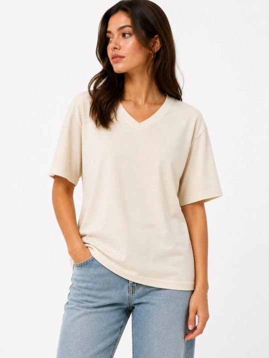 Kadın V Yaka Basic Tişört Kısa Kol Yazlık Regular Fit T-shirt - Bej