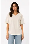 Kadın V Yaka Basic Tişört Kısa Kol Yazlık Regular Fit T-shirt - Bej