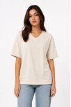 Kadın V Yaka Basic Tişört Kısa Kol Yazlık Regular Fit T-shirt - Bej