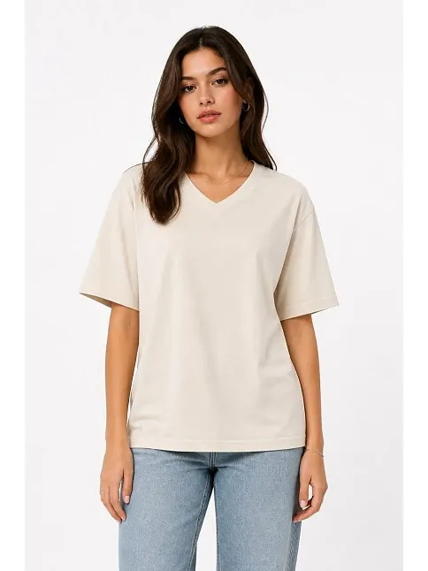 Kadın V Yaka Basic Tişört Kısa Kol Yazlık Regular Fit T-shirt - Bej