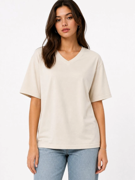 Kadın V Yaka Basic Tişört Kısa Kol Yazlık Regular Fit T-shirt - Bej