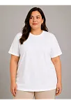 Kadın Battal Big Size Basic Tişört Bisiklet Yaka Rahat Kalıp T-shirt - Beyaz