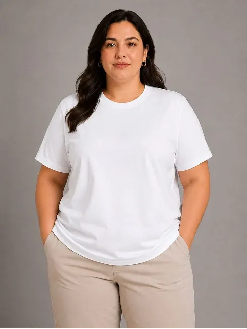 Kadın Battal Big Size Basic Tişört Bisiklet Yaka Rahat Kalıp T-shirt - Beyaz