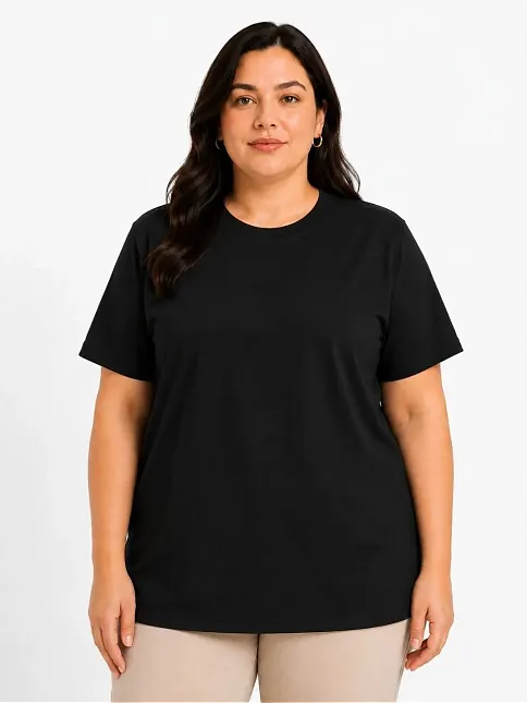 Kadın Battal Big Size Basic Tişört Bisiklet Yaka Rahat Kalıp T-shirt - Siyah