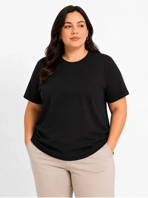 Kadın Battal Big Size Basic Tişört Bisiklet Yaka Rahat Kalıp T-shirt - Siyah