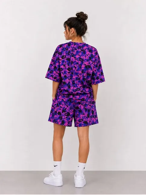 Kadın Oversize Kalıp Pubg Bape X Shark Nakışlı Cepli Şort Takım - Mor
