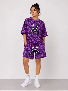 Kadın Oversize Kalıp Pubg Bape X Shark Nakışlı Cepli Şort Takım - Mor Kadın Oversize Kalıp Pubg Bape X Shark Nakışlı Cepli Şort Takım - Mor
