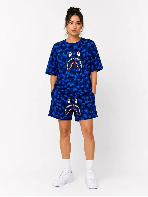 Kadın Oversize Kalıp Pubg Bape X Shark Nakışlı Cepli Şort Takım - Mavi