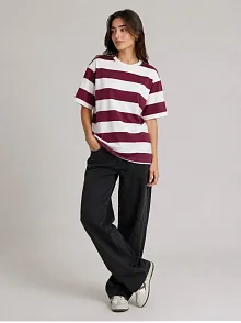 Kadın Çizgili Oversize Tişört Bisiklet Yaka Kısa Kol Yazlık T-shirt - Bordo
