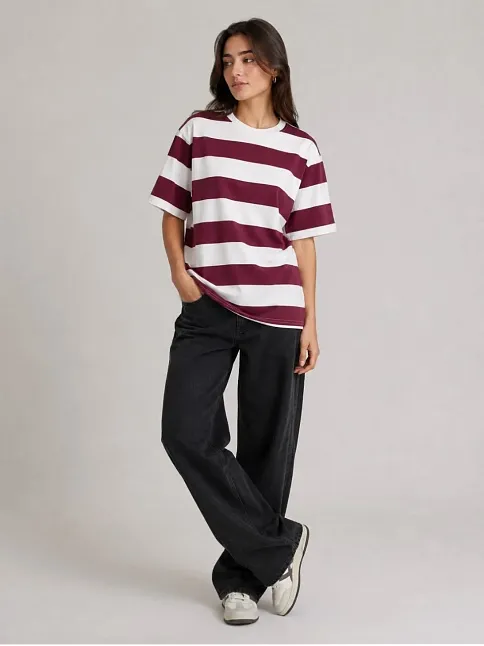 Kadın Çizgili Oversize Tişört Bisiklet Yaka Kısa Kol Yazlık T-shirt - Bordo