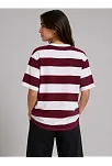 Kadın Çizgili Oversize Tişört Bisiklet Yaka Kısa Kol Yazlık T-shirt - Bordo