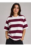 Kadın Çizgili Oversize Tişört Bisiklet Yaka Kısa Kol Yazlık T-shirt - Bordo