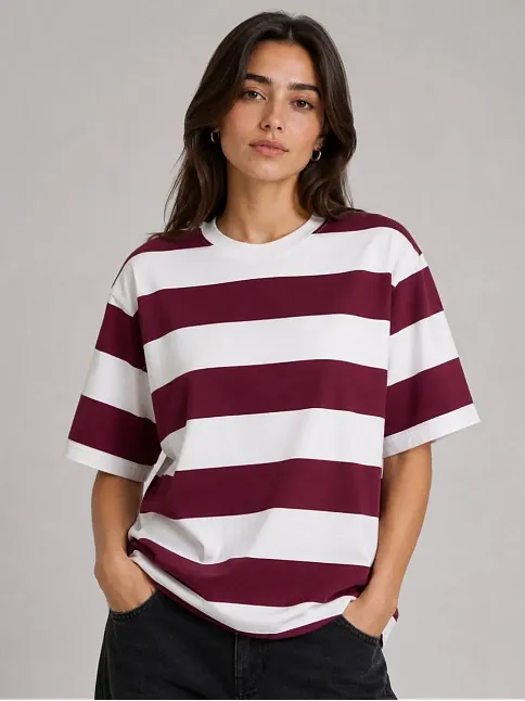 Kadın Çizgili Oversize Tişört Bisiklet Yaka Kısa Kol Yazlık T-shirt - Bordo