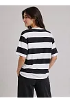 Kadın Çizgili Oversize Tişört Bisiklet Yaka Kısa Kol Yazlık T-shirt - Siyah