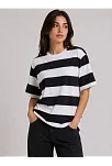 Kadın Çizgili Oversize Tişört Bisiklet Yaka Kısa Kol Yazlık T-shirt - Siyah
