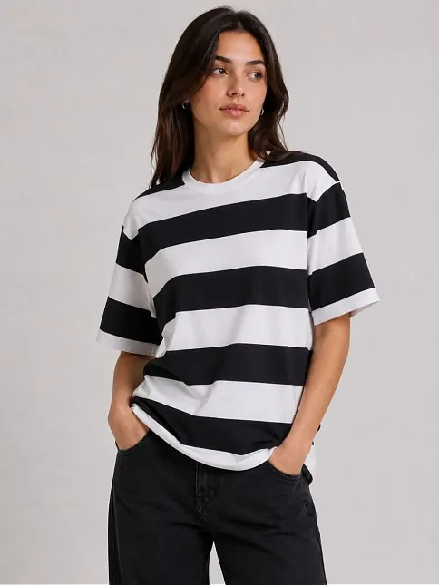 Kadın Çizgili Oversize Tişört Bisiklet Yaka Kısa Kol Yazlık T-shirt - Siyah