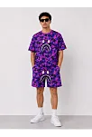 Erkek Oversize Kalıp Pubg Bape X Shark Nakışlı Cepli Şort Takım - Mor
