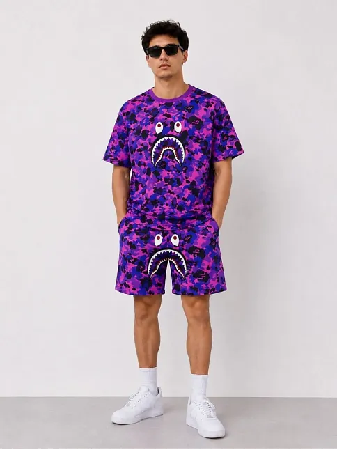 Erkek Oversize Kalıp Pubg Bape X Shark Nakışlı Cepli Şort Takım - Mor
