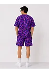 Erkek Oversize Kalıp Pubg Bape X Shark Nakışlı Cepli Şort Takım - Mor