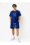 Erkek Oversize Kalıp Pubg Bape X Shark Nakışlı Cepli Şort Takım - Mavi