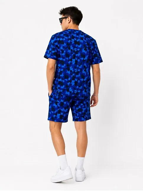 Erkek Oversize Kalıp Pubg Bape X Shark Nakışlı Cepli Şort Takım - Mavi