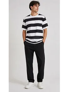 Erkek Çizgili Oversize Tişört Bisiklet Yaka Kısa Kol Yazlık T-shirt - Siyah