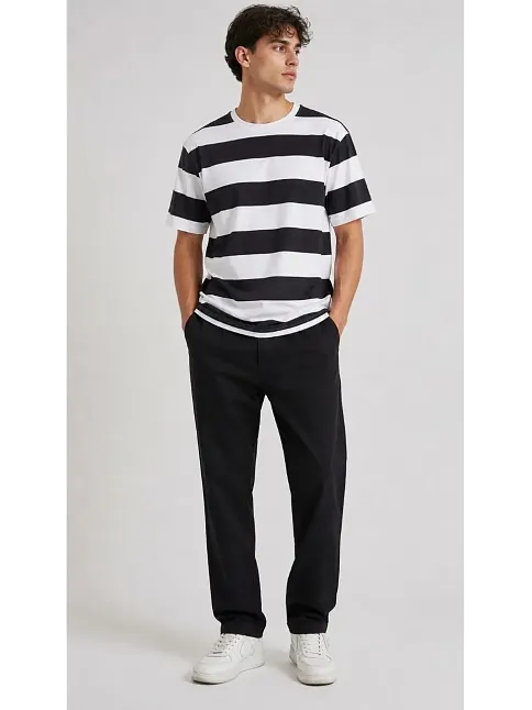 Erkek Çizgili Oversize Tişört Bisiklet Yaka Kısa Kol Yazlık T-shirt - Siyah