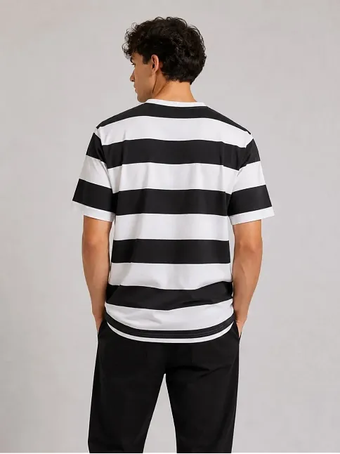 Erkek Çizgili Oversize Tişört Bisiklet Yaka Kısa Kol Yazlık T-shirt - Siyah