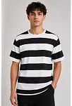Erkek Çizgili Oversize Tişört Bisiklet Yaka Kısa Kol Yazlık T-shirt - Siyah