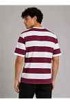 Erkek Çizgili Oversize Tişört Bisiklet Yaka Kısa Kol Yazlık T-shirt - Bordo