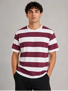 Erkek Çizgili Oversize Tişört Bisiklet Yaka Kısa Kol Yazlık T-shirt - Bordo
