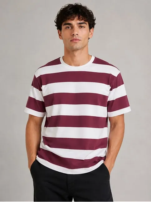 Erkek Çizgili Oversize Tişört Bisiklet Yaka Kısa Kol Yazlık T-shirt - Bordo