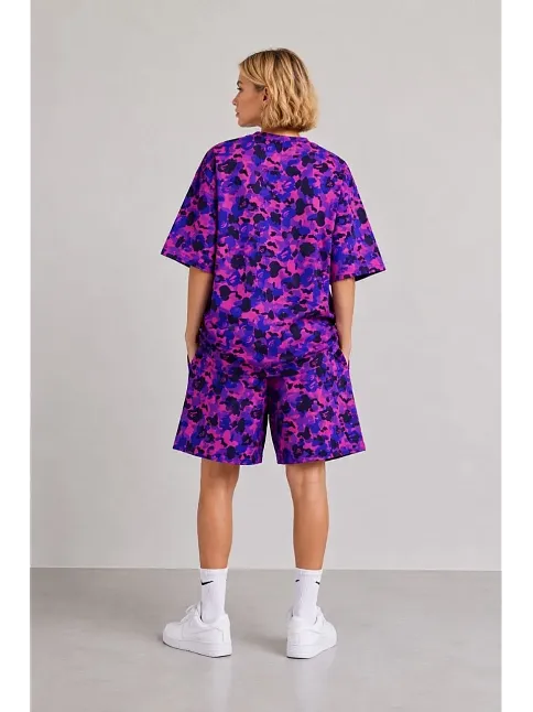 Kız Çocuk Oversize Kalıp Pubg Bape X Shark Nakışlı Cepli Şort Takım - Mor