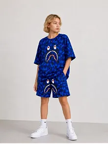 Erkek Çocuk Oversize Kalıp Pubg Bape X Shark Nakışlı Cepli Şort Takım - Siyah