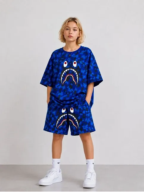 Erkek Çocuk Oversize Kalıp Pubg Bape X Shark Nakışlı Cepli Şort Takım - Siyah
