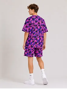 Erkek Çocuk Oversize Kalıp Pubg Bape X Shark Nakışlı Cepli Şort Takım - Mor