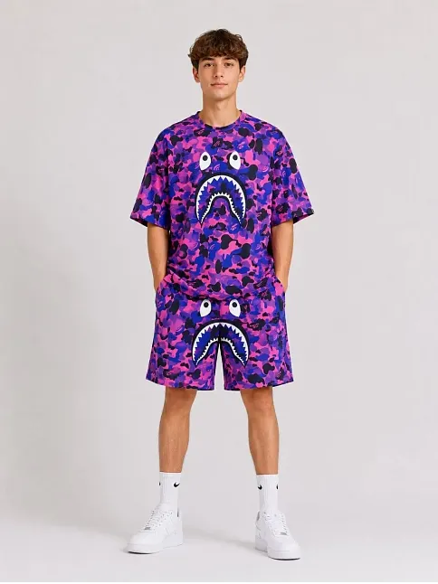 Erkek Çocuk Oversize Kalıp Pubg Bape X Shark Nakışlı Cepli Şort Takım - Mor Erkek Çocuk Oversize Kalıp Pubg Bape X Shark Nakışlı Cepli Şort Takım - Mor
