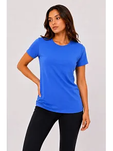 Kadın Basic Tişört Bisiklet Yaka Kısa Kol Günlük Yazlık Slim Fit T-shirt - Mavi