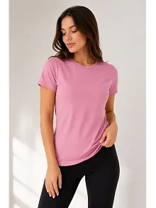 Kadın Basic Tişört Bisiklet Yaka Kısa Kol Günlük Yazlık Slim Fit T-shirt - Pembe