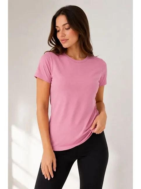 Kadın Basic Tişört Bisiklet Yaka Kısa Kol Günlük Yazlık Slim Fit T-shirt - Pembe