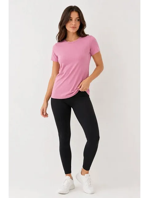 Kadın Basic Tişört Bisiklet Yaka Kısa Kol Günlük Yazlık Slim Fit T-shirt - Pembe