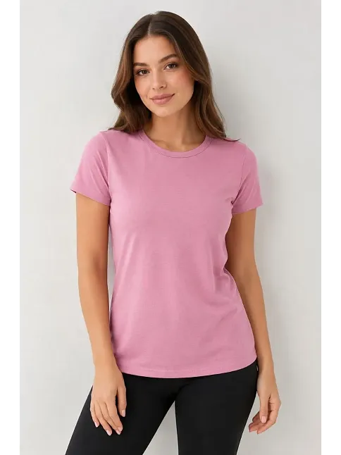 Kadın Basic Tişört Bisiklet Yaka Kısa Kol Günlük Yazlık Slim Fit T-shirt - Pembe