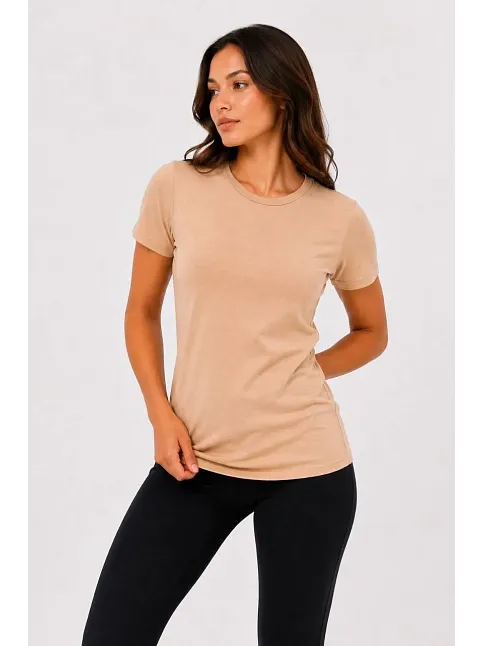 Kadın Basic Tişört Bisiklet Yaka Kısa Kol Günlük Yazlık Slim Fit T-shirt - Bej Kadın Basic Tişört Bisiklet Yaka Kısa Kol Günlük Yazlık Slim Fit T-shirt - Bej