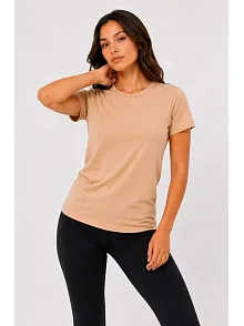Kadın Basic Tişört Bisiklet Yaka Kısa Kol Günlük Yazlık Slim Fit T-shirt - Bej