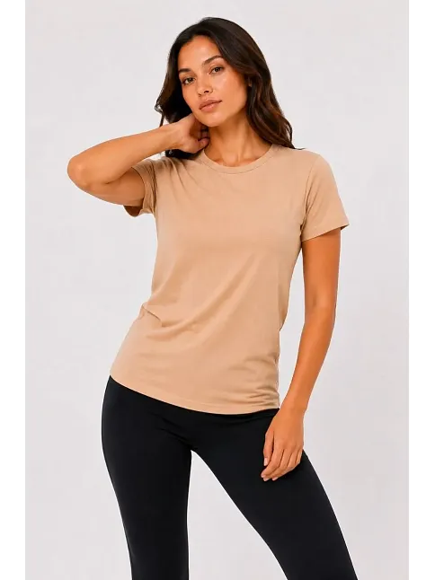 Kadın Basic Tişört Bisiklet Yaka Kısa Kol Günlük Yazlık Slim Fit T-shirt - Bej Kadın Basic Tişört Bisiklet Yaka Kısa Kol Günlük Yazlık Slim Fit T-shirt - Bej