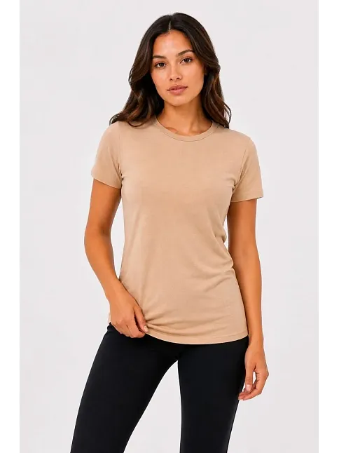 Kadın Basic Tişört Bisiklet Yaka Kısa Kol Günlük Yazlık Slim Fit T-shirt - Bej Kadın Basic Tişört Bisiklet Yaka Kısa Kol Günlük Yazlık Slim Fit T-shirt - Bej