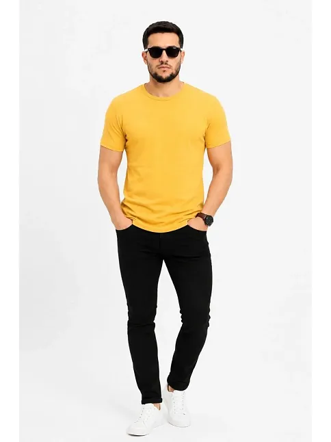 Erkek Basic Tişört Bisiklet Yaka Kısa Kol Günlük Yazlık Slim Fit T-shirt - Sarı