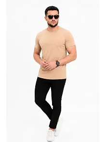 Erkek Basic Tişört Bisiklet Yaka Kısa Kol Günlük Yazlık Slim Fit T-shirt - Bej